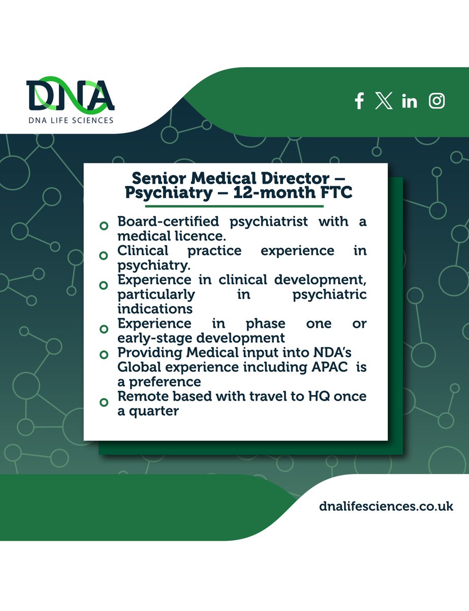 DNA Life Sciences (@dnalifesciences) on Twitter photo 💊Senior Medical Director – Psychiatry – 12-month FTC💊
 
If you are interested in the job role, please get in touch to learn more at info@dnalifesciences.co.uk
#lifesciences #recruitment 💊Senior Medical Director – Psychiatry – 12-month FTC💊
 
If you are interested in the job role, please get in touch to learn more at info@dnalifesciences.co.uk
#lifesciences #recruitment