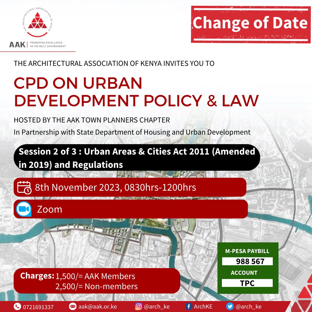 We want to inform you that the date and time of the Town Planners Chapter CPD event on Urban Development Policy and Law has been rescheduled. Please take note of the new details:

📅 New Date: November 8, 2023
🕜 New Time: 08:30 AM - 12:00 PM
RSVP: shorturl.at/fPV69