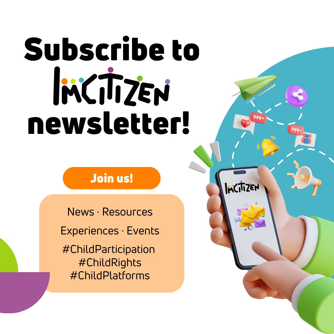 📢Do you want to receive news about #ChildParticipation, #ChildRights, and #ChildPlatforms?
🗞️The project IMCITIZEN launches a newsletter to share news, experiences, and practical resources. Don't miss it!
📤 eepurl.com/iv36qI