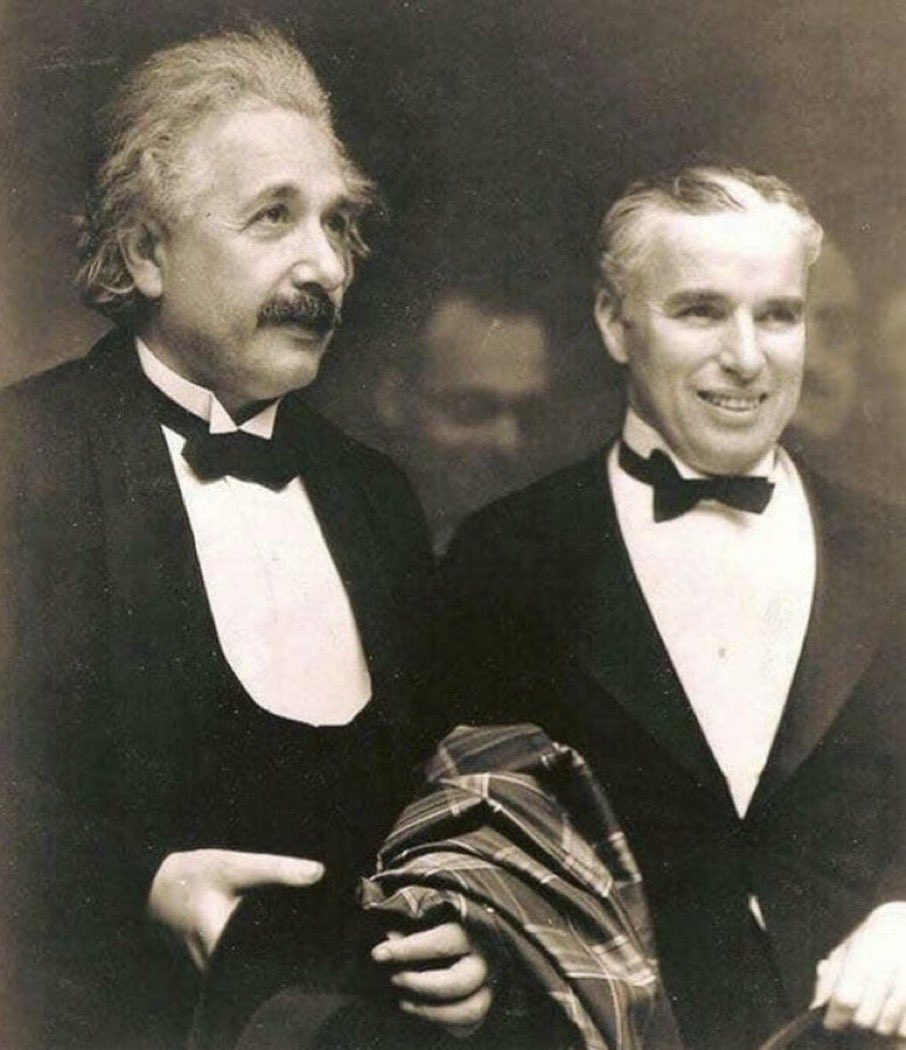 x_socrates1's tweet photo. Fun moment from Einstein and Charlie Chaplin met 

Einstein said, "What I admire most about your art is its universality. You do not say a word, and yet the world understands you." 

Chaplin replied , "But your fame is even greater. The world admires you, when no one understands you."