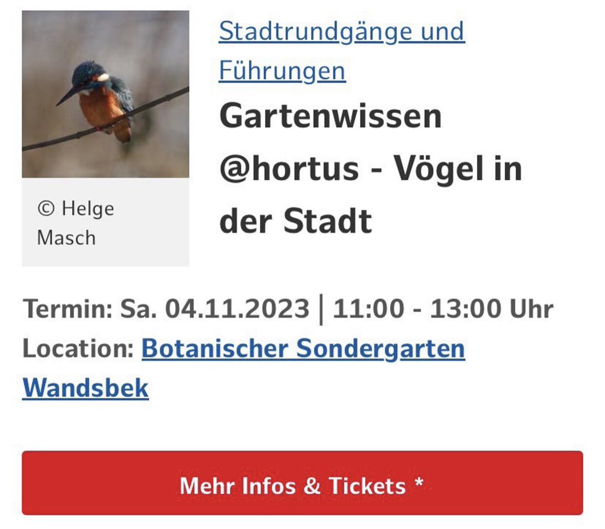 Vögel in der Stadt
#Gartenwissen-Führung durch den Botanischen Sondergarten 
04.11.2023 - 11 Uhr 

hamburg.de/tickets/e/1737…