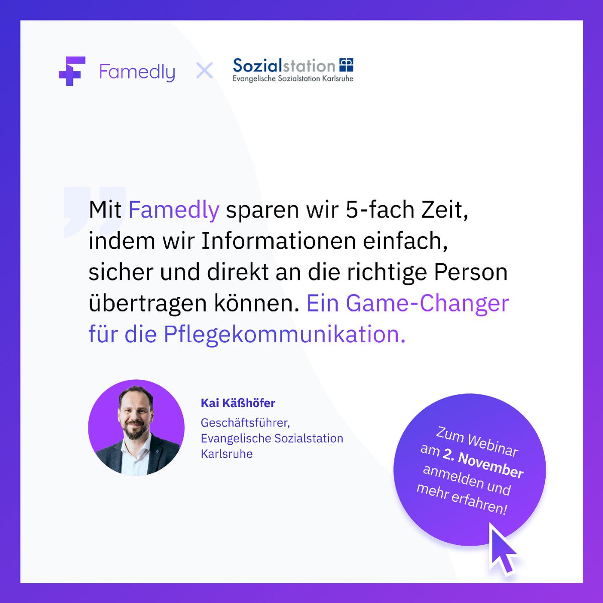 Messenger verbindet Pflegeteams! Wie? Kai Käßhöfer, Geschäftsführer der Evangelischen Sozialstation Karlsruhe, teilt im #Webinar, wie Famedly Kommunikationsprobleme in der Pflege löst. 

📅 02.11.2023, 14:00 Uhr

👉Anmelden: hubs.li/Q026NVQf0 

#Pflegestory #TIMessenger