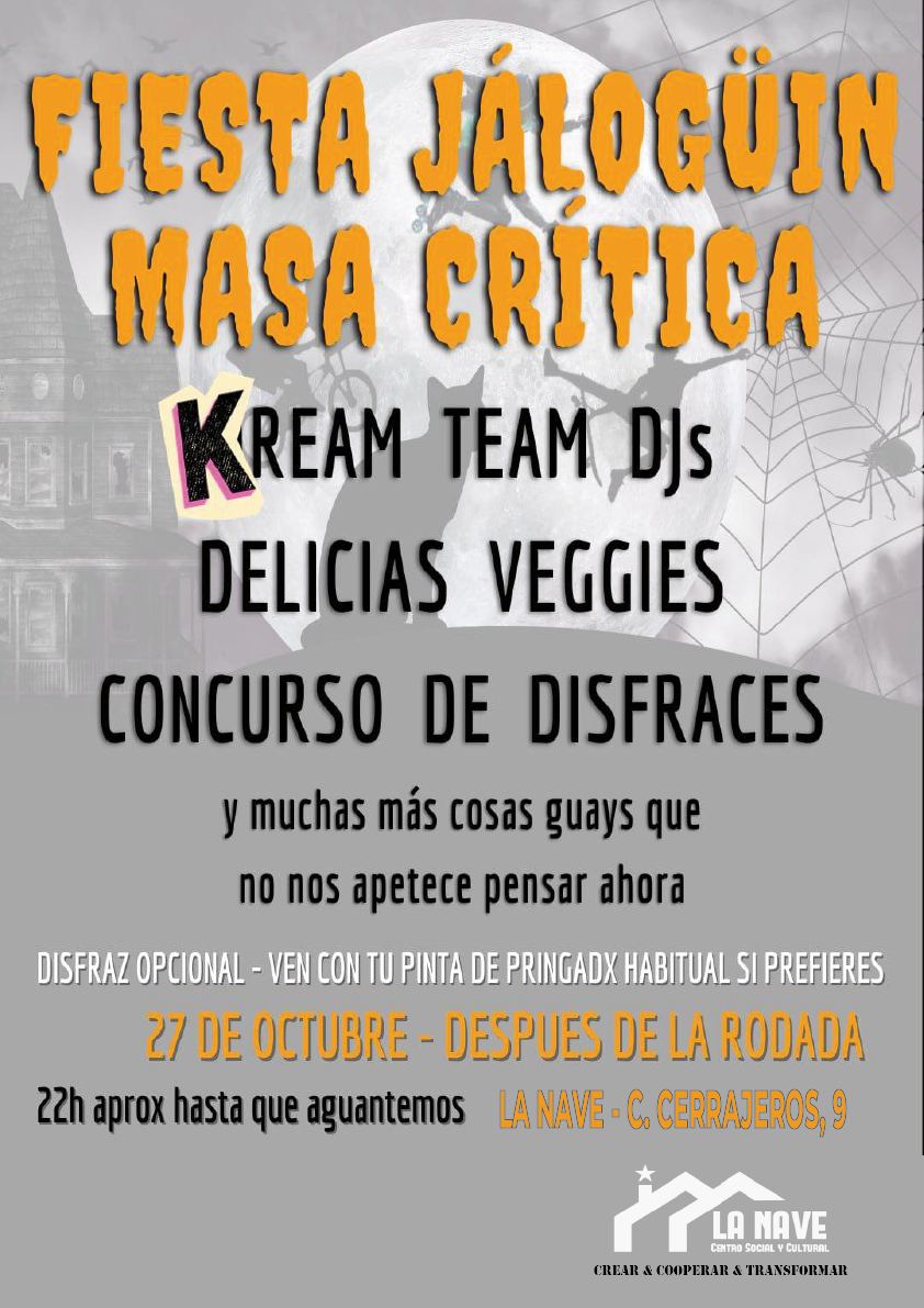 Ningún plan para #Halloween ?
Vente a la Nave con <a href="/masacriticamlg/">Masa Crítica Málaga🚲🛼🛹🛴</a> !
Crear Cooperar Transformar