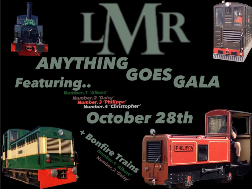 To mark the end of the season in our 75th year we are holding an Anything Goes Event on Saturday 28th Oct. (weather permitting). All our operational locos will be running.
First train from Mewsbrook Park 10.40, last train from Norfolk Road, approximately 16.00.