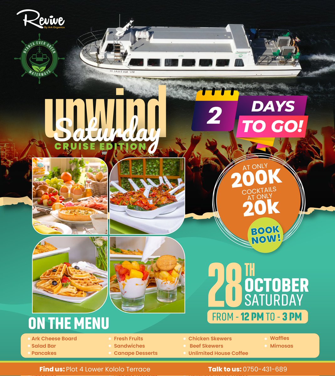 RevivebyArk's tweet image. Setting sail for a brunch adventure! 🌅⚓️
BOOK NOW☎️0750431689
#revivebyark #UnwindSaturday #WeekendUnwind #brunchinKampala #CruisingAndBrunching #SetSailForBrunch #BrunchOnBoard