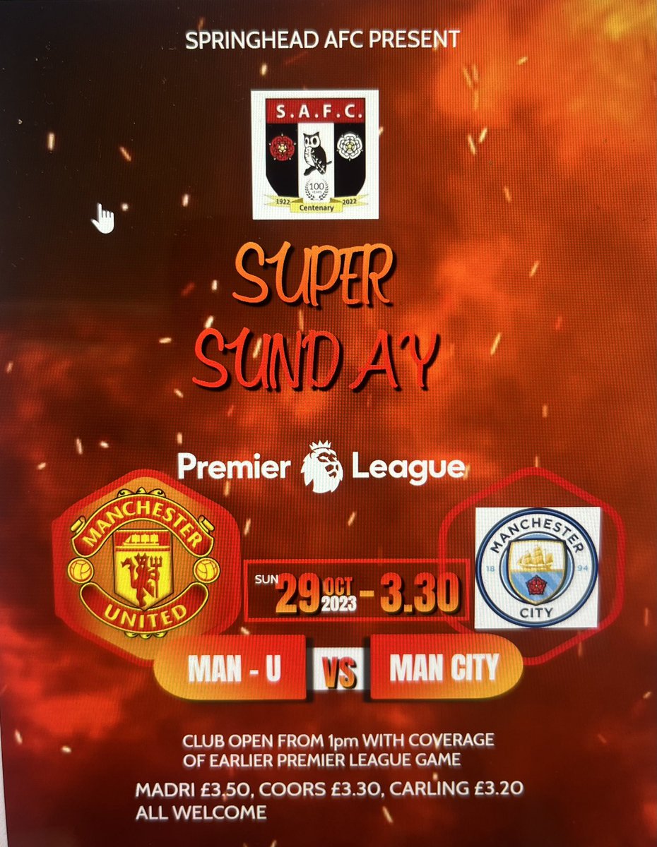 SpringheadAFC's tweet photo. Clubhouse will be open for the Manchester derby on big screen this Sunday and earlier prem games. Please note earlier ko time of 330pm. All welcome ⚽️🔴⚫️🍻 https://t.co/T3PsLhixBc