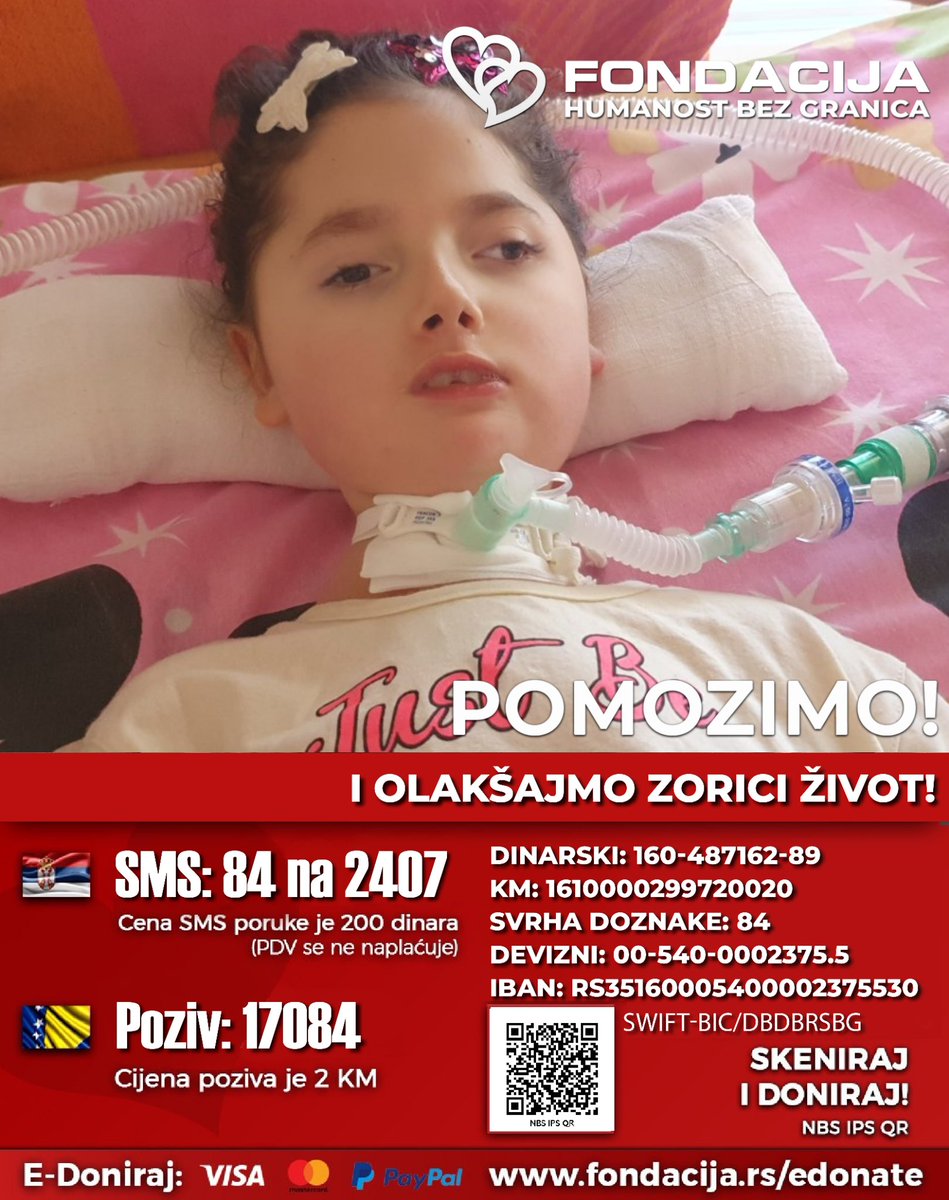 1na2407's tweet photo. Zoka je najstarija devojčica sa SMA tip 1 u Srbiji, koja je još uvek živa zahvaljujući respiratoru i svim drugim aparatima. 

Pomozimo!

🇷🇸  Pošalji SMS: 84 na 2407
🇹🇰  Pozovi: 17084

Skeniraj QR kod!

E-Doniraj - VISA, MasterCard, PayPal:
https://t.co/eMo1c8aQNZ https://t.co/ChVRAsS0GN