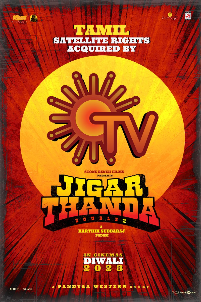 #JigarthandaDoubleX satellite rights acquired by
@SunTV
🥳

@karthiksubbaraj @offl_Lawrence @iam_SJSuryah
@dop_tirru @Music_Santhosh @kaarthekeyens
@stonebenchers #AlankarPandian #InvenioOrigin
@RedGiantMovies_ @5starcreationss @thinkmusicindia

#SunTv #DoubleXDeepavali