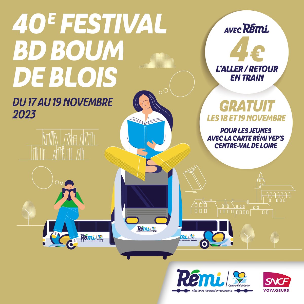 #Mobilité 💺
📚 Le 40e festival #BDBoum anime #Blois du 17 au 19 novembre 2023 : la <a href="/RCValdeLoire/">Région Centre-Val de Loire</a> vous y emmène en train Rémi pour 4€ l'A/R en région 🚊👍

➕ les 15-25 ans détenteurs de la carte Rémi YEP'S voyagent gratuitement samedi et dimanche 🆓

ℹ️ rcvl.fr/Remi-BDB23