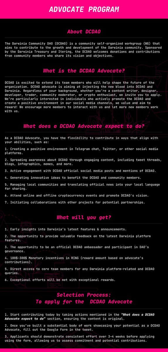 RingDAO_CG's tweet photo. 👋Come on and fill out this google form to be DCDAO Advocate!🥰🥰🥰
https://t.co/ijmI0C4oWn
Learn more details👇
https://t.co/BIya8gcfDD https://t.co/PQ8a5qDhn2
