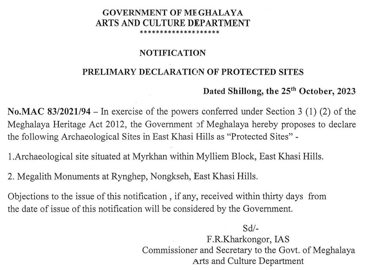 MeghalayaGov's tweet photo. Declaration of the Archaeological Sites in East Khasi Hills as #ProtectedSites @DiprMeghalaya (https://t.co/OflC4RUves) https://t.co/sdvJmHChca