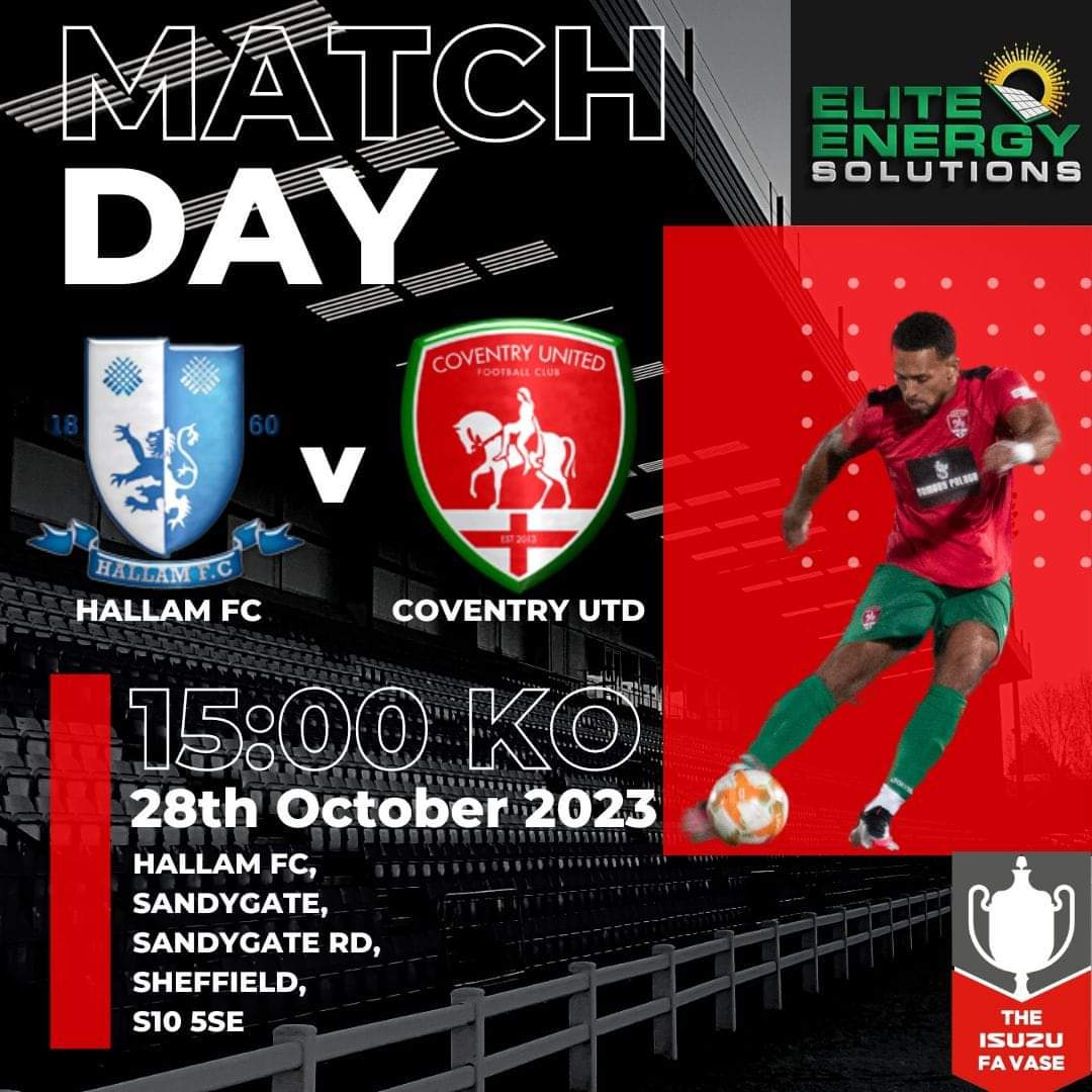 Up next for the Red And Greens! Hallam FC VS Coventry United ISUZU FA VASE FIRST ROUND PROPER Sandygate, Sandygate Rd, Sheffield, S10 5SE #UnitedWeStand