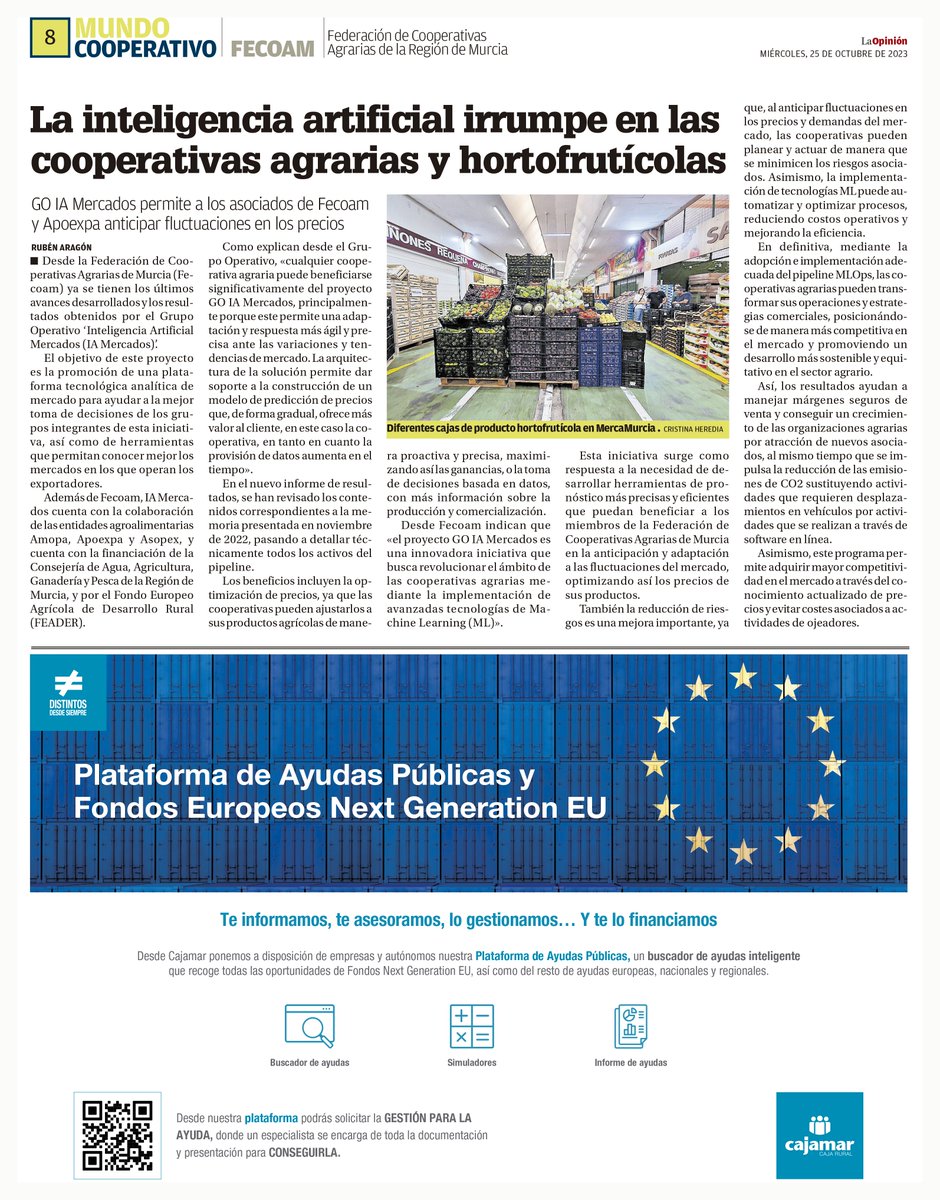 GoMercados's tweet photo. Cualquier cooperativa agraria puede beneficiarse significativamente del proyecto #GOIAMercados, principalmente porque permite una adaptación y respuesta más ágil y precisa ante las variaciones y tendencias de mercado 👇 Toda la info en la @diariolaopinion @fecoam https://t.co/Xmq6VEeca2