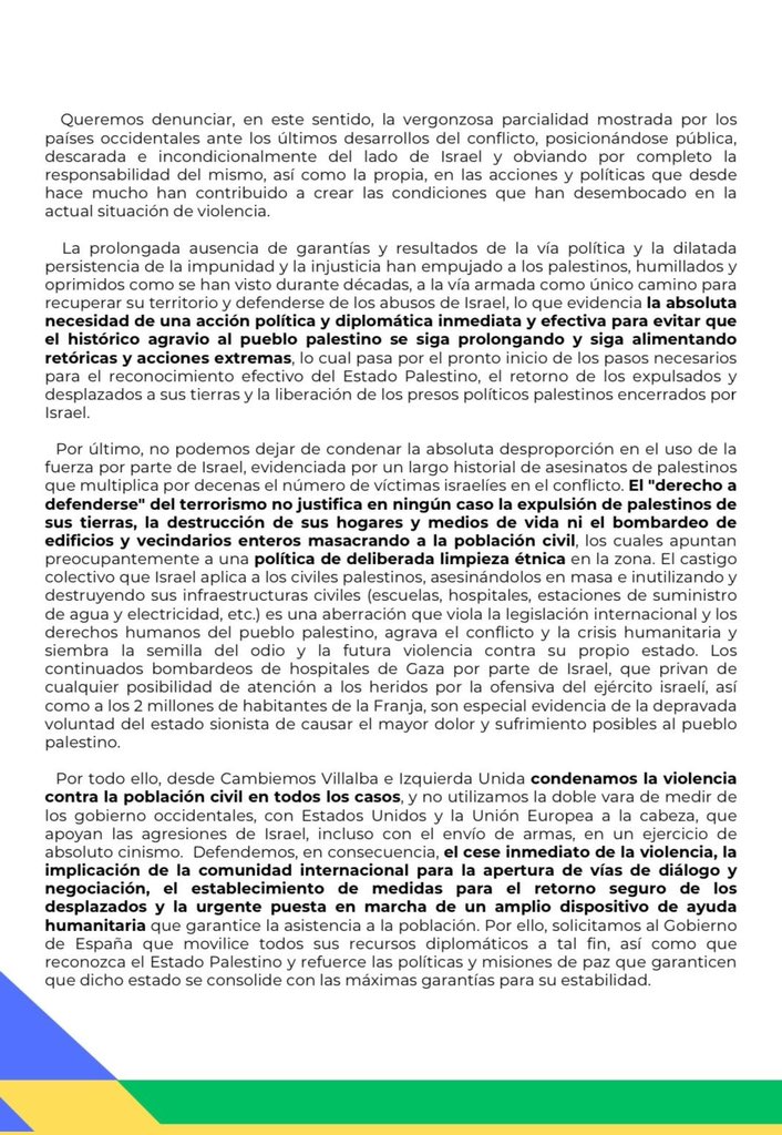 Desde @cambiemosv e <a href="/iucvillalba/">IU Collado Villalba🔻</a> pedimos a <a href="/sanchezcastejon/">Pedro Sánchez</a> que movilice sus recursos diplomáticos, reconozca el Estado Palestino y refuerce las políticas y misiones de paz que garanticen que dicho estado se consolide con las máximas garantías para su estabilidad.
#PalestinaLibre