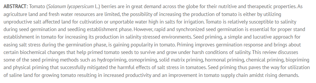 Seed Priming to Improve Tomato Productivity in Salinity Stressed Environments: A Review
bit.ly/3PZDlnH
#Germination #Tomato #Saltstress #Seedpriming #biotechnology #biosciences #Nanoparticles #Science #NanoScience #technology #Biology #Bioengineering #Animalbiotechnology