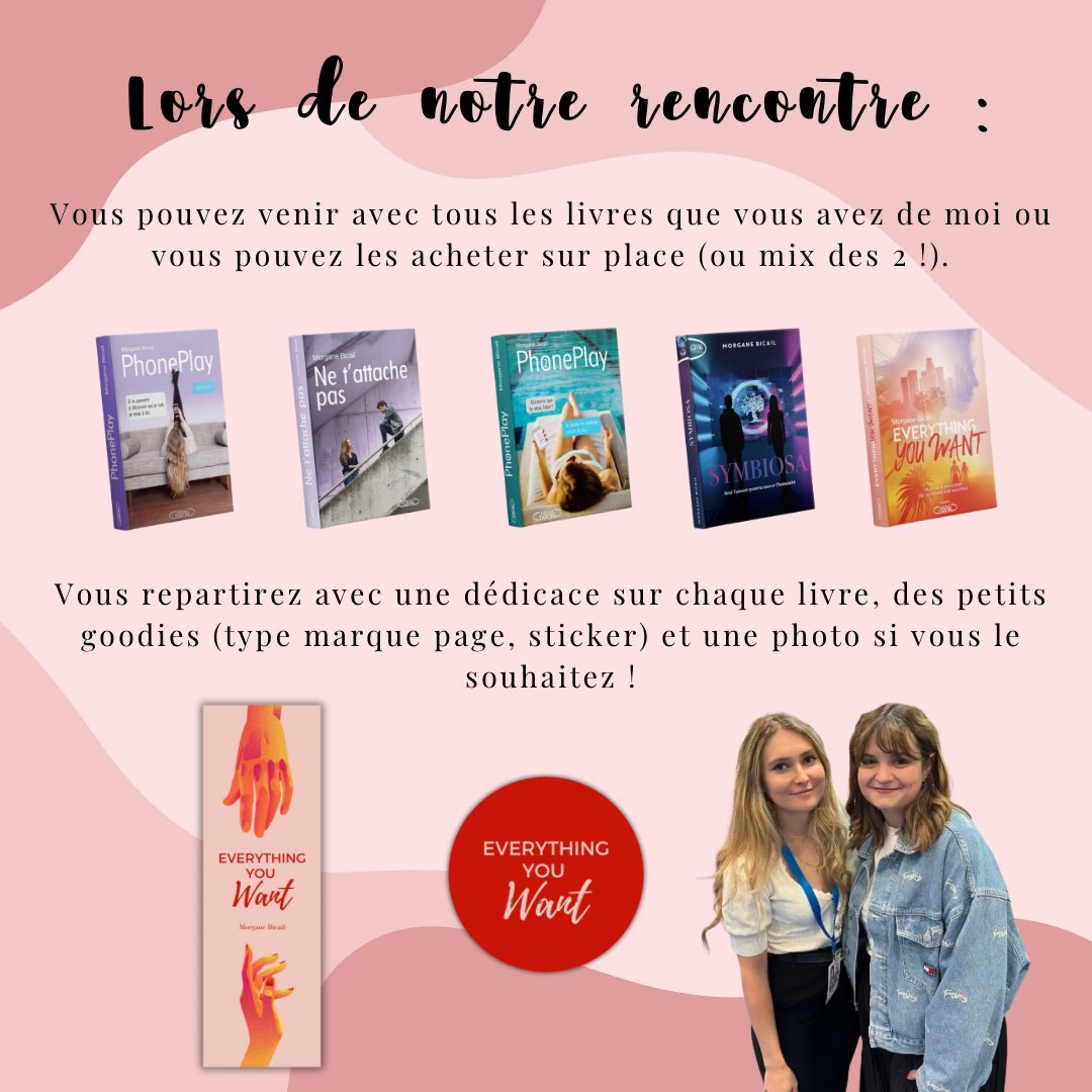 MorganeBicail's tweet photo. Venez vous faire dédicacer PhonePlay, Everything You Want, Ne t’attache Pas ❤️💗🫶🏼 https://t.co/aB0DhYxhW6