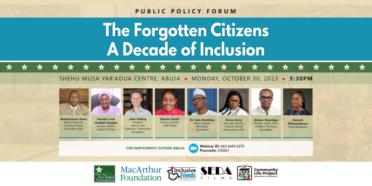 SMYFoundation's tweet photo. Join us for a public policy forum on Monday, October 30, 2023 at 5:30PM at the Yar'Adua Centre, Abuja. The event will highlight the plight of forgotten PWDs while celebrating Inclusive Friends Association's decade-long inclusion efforts.
Register here: https://t.co/mgcpb9tQ7J https://t.co/S9SSOYvC9b