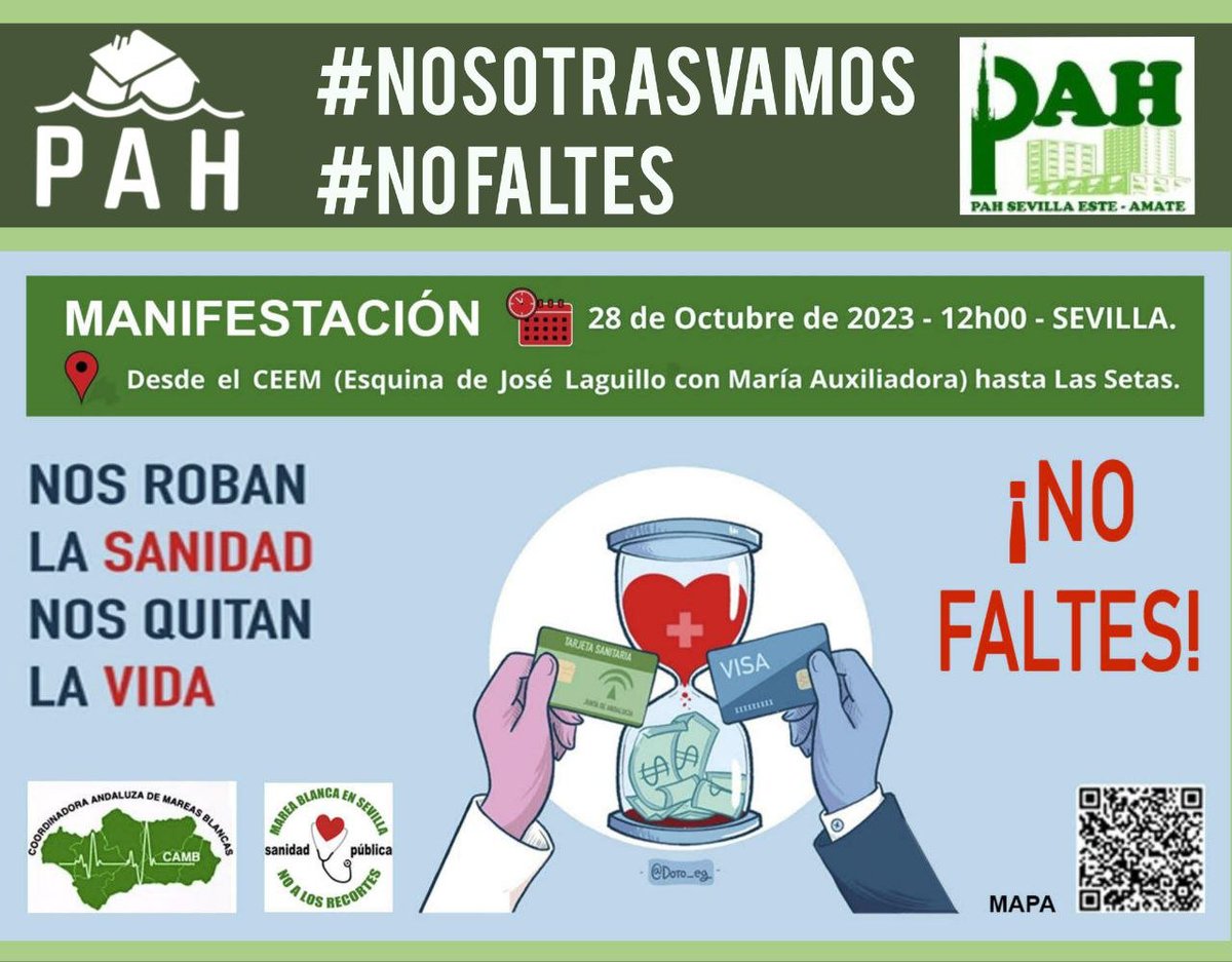 Porque nos va la vida en ello, este sábado 28 no faltes.  Manifestación en defensa de la sanidad pública convocada por <a href="/portusanidad/">Marea Blanca Sevilla</a>.
 En <a href="/LA_PAH/">Plataforma de Afectadas por la Hipoteca</a> también sufrimos  la barbarie que está cometiendo el gobierno del Sr.Moreno con nuestra salud, en  beneficio del sector privado.