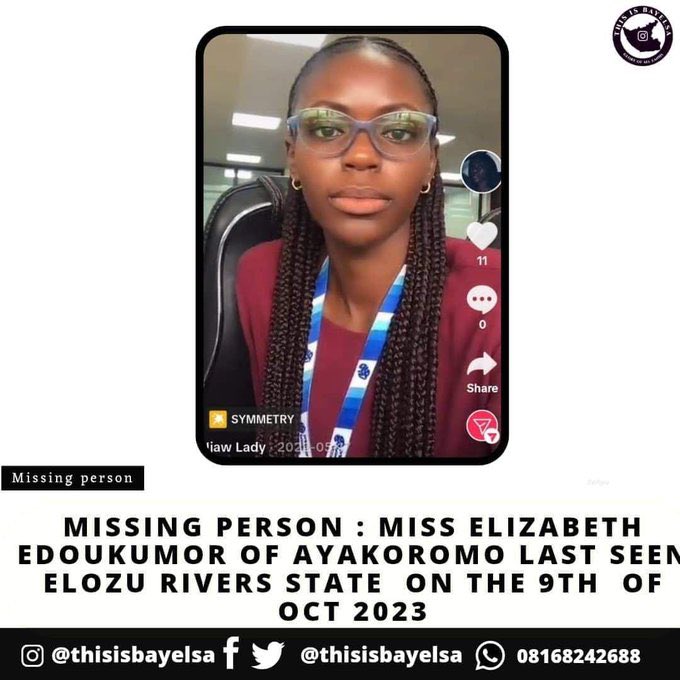 Guys pls my sister @El_Saty19 is missing. She was last seen on the 9th and since then nothing’s been heard of her. Please retweet and share this till we locate her pls 🙏🏿😭