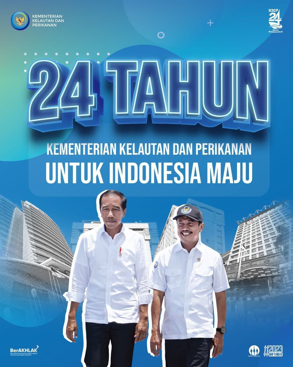 #SahabatBahari, ada yang spesial nih! Hari ini KKP merayakan ulang tahun ke-24 lho! Tidak terasa selama 24 tahun Kementerian Kelautan dan Perikanan telah menjadi garda terdepan dalam mengelola sektor KP Indonesia  

#HUTKKPke24 #UntukIndonesiaMaju #SaktiWahyuTrenggono