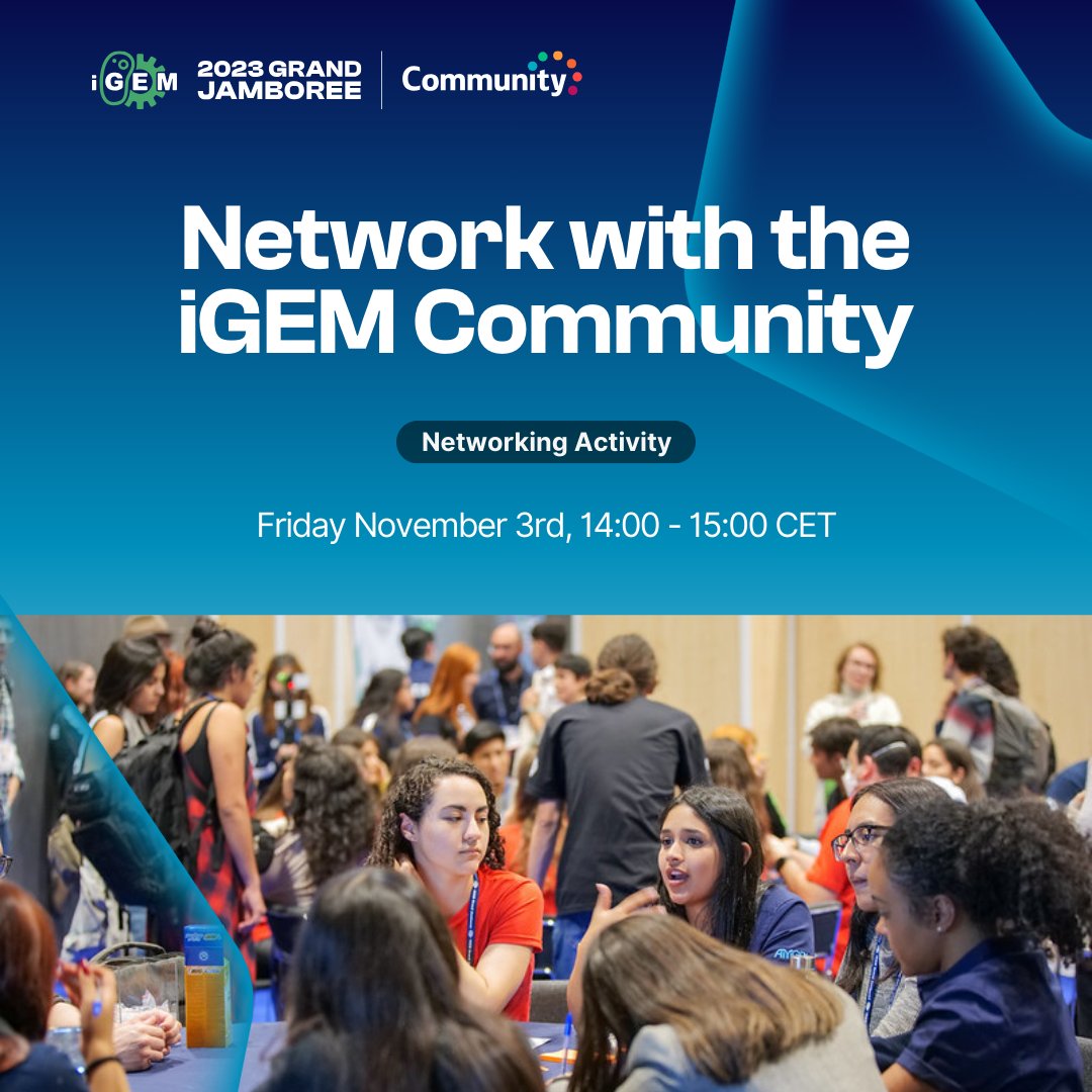 iGEMCommunity's tweet photo. The iGEM Community is a hub for synthetic biology. It brings our diverse global community together to build and support the synthetic biology ecosystem.

Join our panel with our Ambassadors and Project Heads followed by a networking activity at the #GrandJamboree

3/n https://t.co/Q0HjUc5W6y