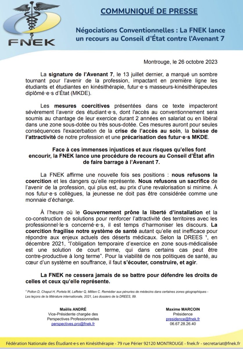 #CDP | <a href="/La_FNEK/">FNEK</a> lance un recours au Conseil d'État contre l'Avenant 7

Face à la mise en place de mesures #coercitives et au manque de considération pour les #EtuKinés et la profession, la FNEK à décidé d'agir !

Nos positions sont toujours les mêmes : la coercition c'est non ❌