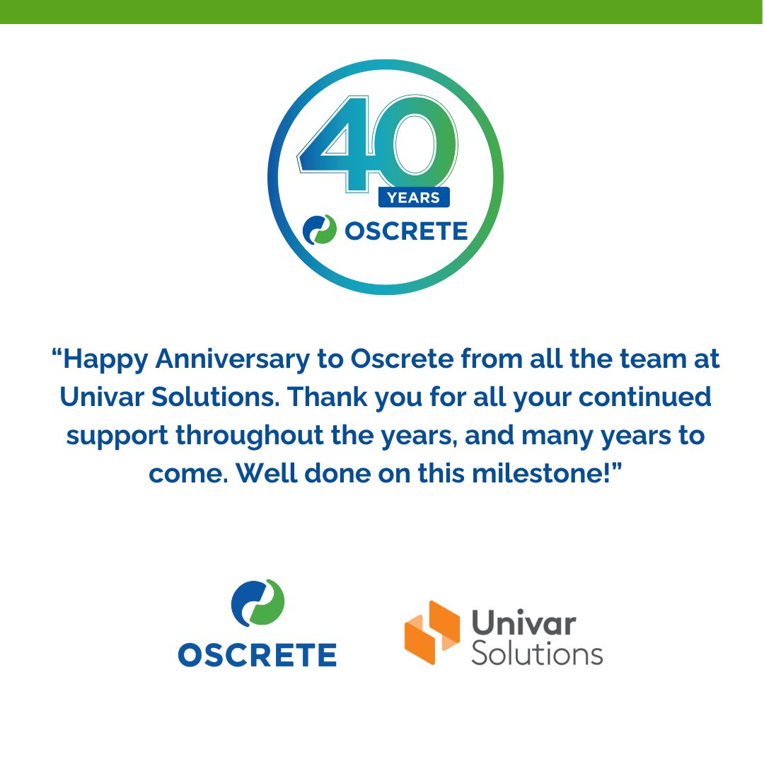 Huge thank you to our friends at @UnivarSolutions for the kind birthday message 👏

It's an absolute pleasure to have such supportive customers in the concrete industry!

#Oscrete40Years