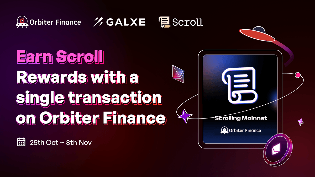 🛸 GM, #Scroll bridgers!
Don't miss out the opportunity to earn <a href="/Scroll_ZKP/">Scroll</a> rewards with an easy task on Orbiter.Finance.
☄️Mint the exquisite NFT designed by <a href="/Galxe/">Galxe</a> at galxe.com/OrbiterFinance…