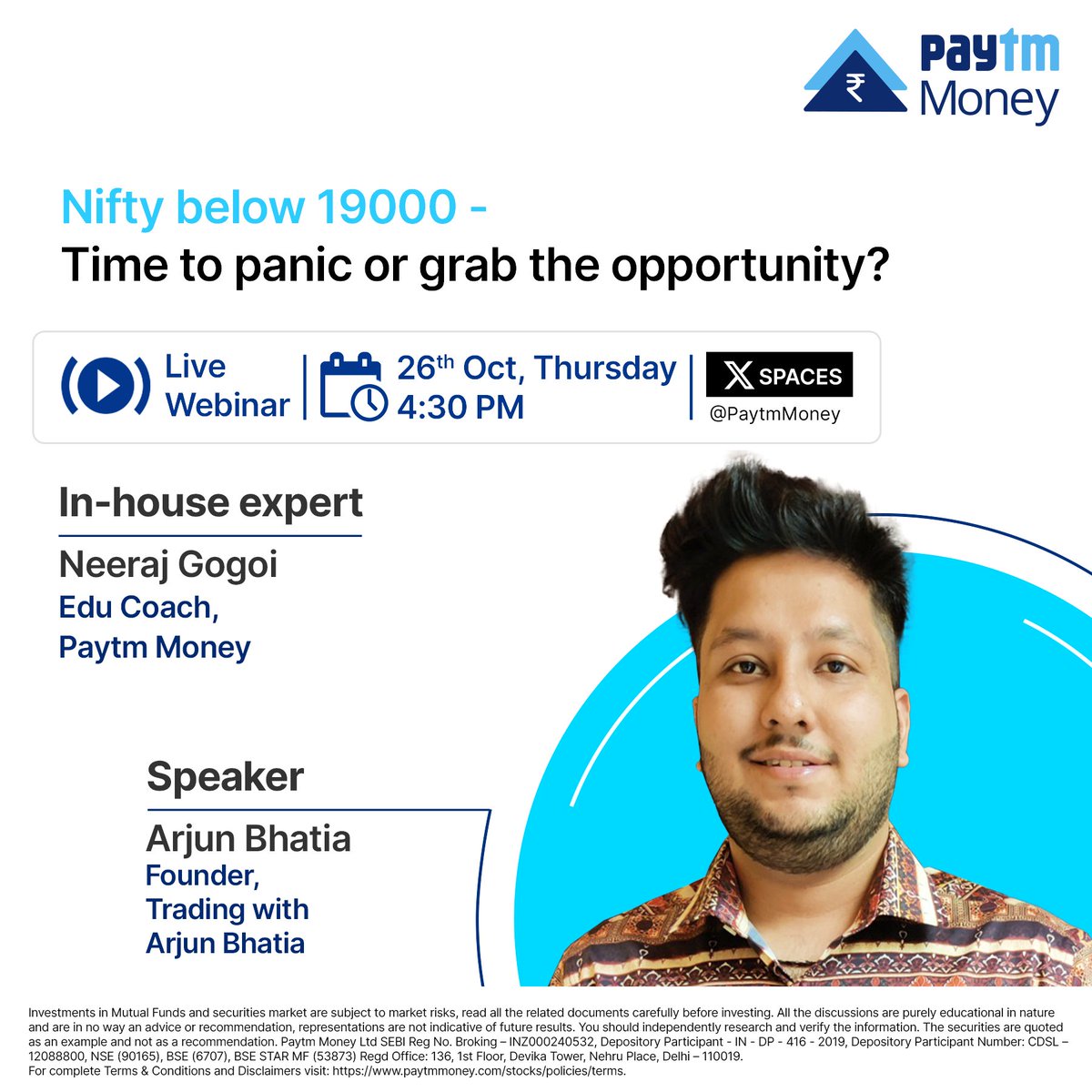 Nifty dips below 19,000, is the market correction here? Join us for an exclusive session with @ArjunB9591, Founder, Trading with Arjun Bhatia as he shares his insights on this & more! 📅 - 26 October, Today ⏰ - 4:30 PM Join here - twitter.com/i/spaces/1jMKg…