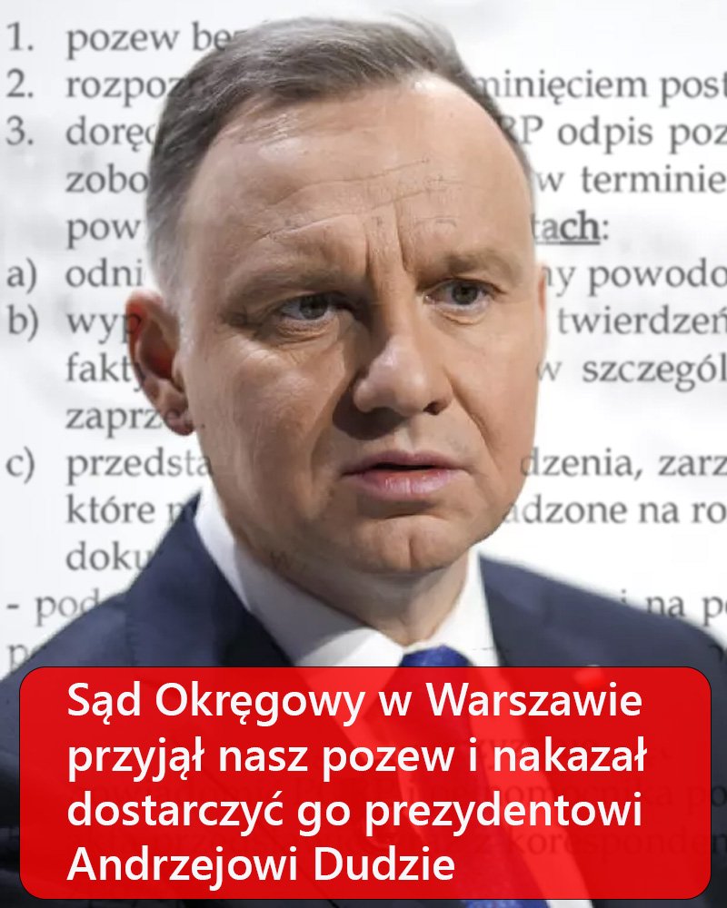 SĄD PRZYJĄŁ NASZ POZEW I NAKAZAŁ DOSTARCZYĆ GO PREZYDENTOWI DUDZIE IV C 990/23 to oficjalna sygnatura akt naszego pozwu przeciwko Dudzie dostarczenie go pozwanemu dając mu 60 dni na odpowiedź. 'Zwięźle i w punktach' - zaznaczył Sąd Wesprzyj to działanie zrzutka.pl/8xmm7c