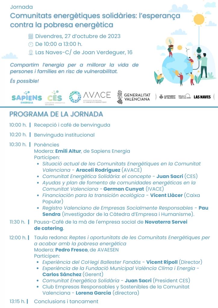 sapiensenergia's tweet image. Demà presentem la Comunitat Energètica Solidària en @LasNaves, amb ponències d&apos;experts en #comunitatsenergètiques i els seus reptes i oportunitats.

Defensem esta figura com a eina per a lluitar contra la pobresa energètica.

Inscriu-te! ⬇️
sapiensenergia.es/jornada-comuni…
