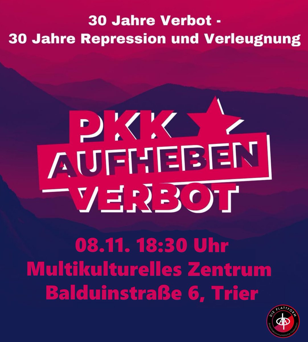 Ortswechsel!

Unser Vortrag mit anschließender Diskussion rund um das 30-jährige Bestehen des Verbotes der PKK in Deutschland findet am 08.11. um 18:30 Uhr im Multikulturellen Zentrum in der Balduinstraße 6 statt. 

Wir freuen uns auf euch! :)