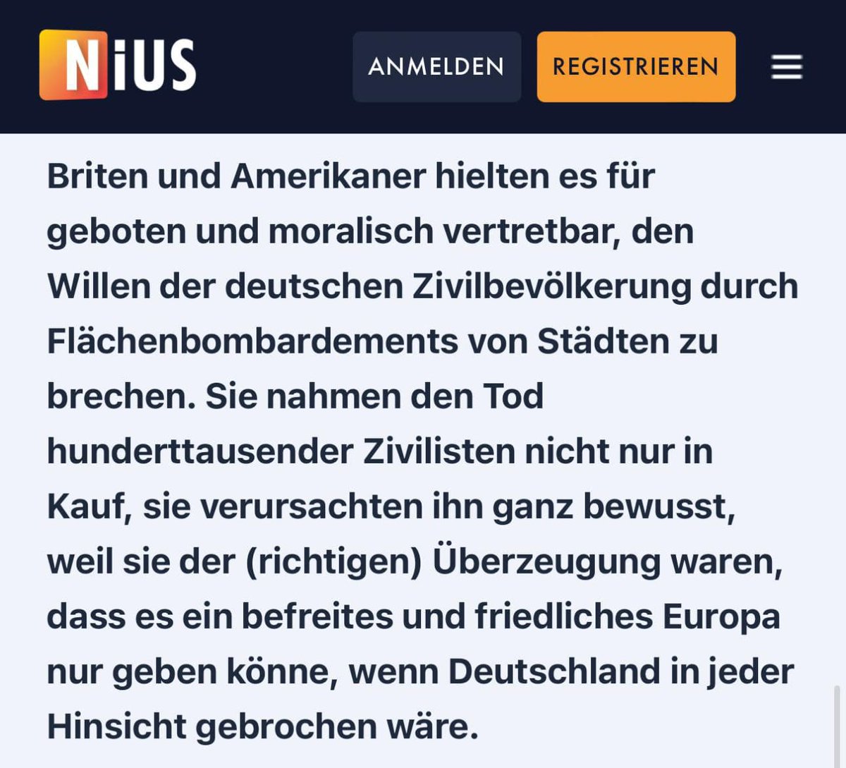 .<a href="/jreichelt/">Julian Reichelt</a> findet es richtig, daß Menschen »gebrochen« werden.
D.h. daß Säuglinge, daß Kleinkinder, daß Mütter, daß Alte und Kranke verstümmelt, entstellt, verbrannt, zerfetzt werden, weil sie, auch wenn individuell völlig unschuldig, einem speziellen Volk angehören. Das ist