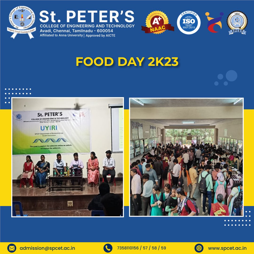 spcetchennai's tweet photo. 'Food Day 2k23' organized by Department of Biotechnology...
#celebration #biotechnology #FoodDay #engineering #spcet #stpeters #BestEngineeringCollege #chennai #tech4lyf #bestcollege https://t.co/yxMiHOlT2j