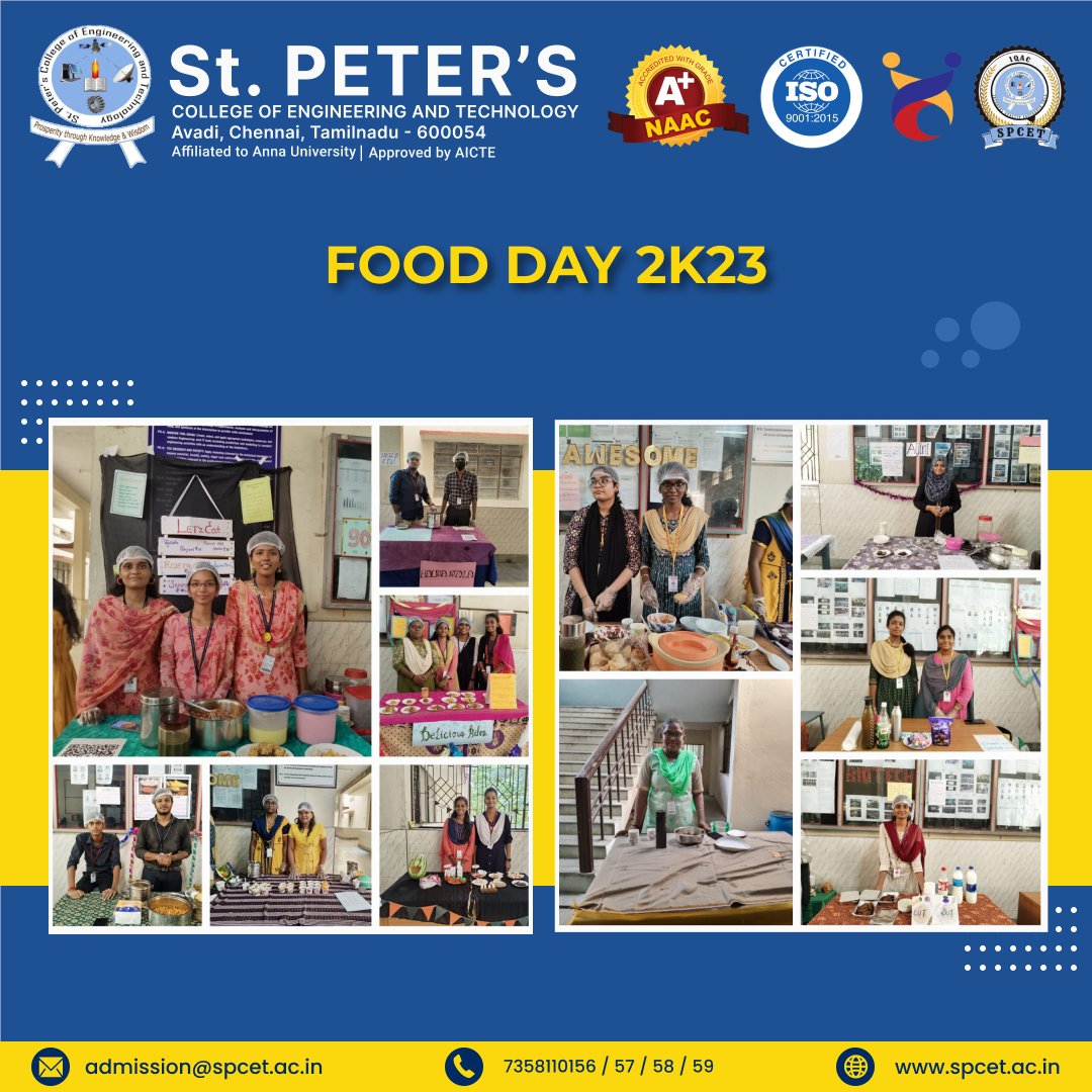 spcetchennai's tweet photo. 'Food Day 2k23' organized by Department of Biotechnology...
#celebration #biotechnology #FoodDay #engineering #spcet #stpeters #BestEngineeringCollege #chennai #tech4lyf #bestcollege https://t.co/yxMiHOlT2j