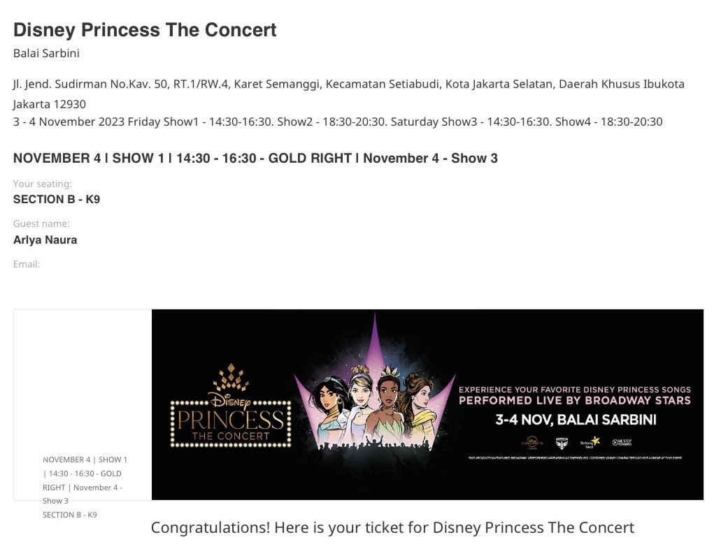 wts jual rugi 1 tiket Disney Princess The Concert Sabtu, 4 November 2023 Show 3 (14.30-16.30), GOLD RIGHT 650k nego tipis