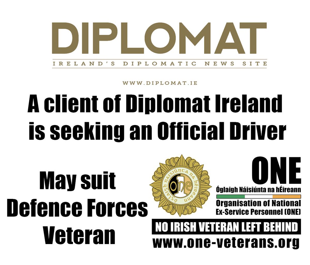 A client of Diplomat Ireland is seeking an Official Driver for a new diplomatic post to be based in Cork.

More here: one-veterans.org/diplomat-drive…

#DefenceForces #Veterans #Charity #SCAR #Support  #job #opportunity #Hiring #Driver #Diplomat #Jobs #JobFairy #VeteransSupportingVeterans