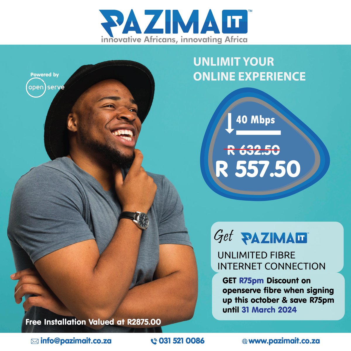 PazimaIT's tweet image. 🌐Break free from limitations! Experience seamless online browsing, streaming &amp;amp; downloads with Pazima&apos;s lightning-fast internet. Sign up at pazimait.co.za for a special R75 discount. Unlimit your online experience today! 🚀✨#UnlimitedInternet #NoMoreLimits outlawshowmax