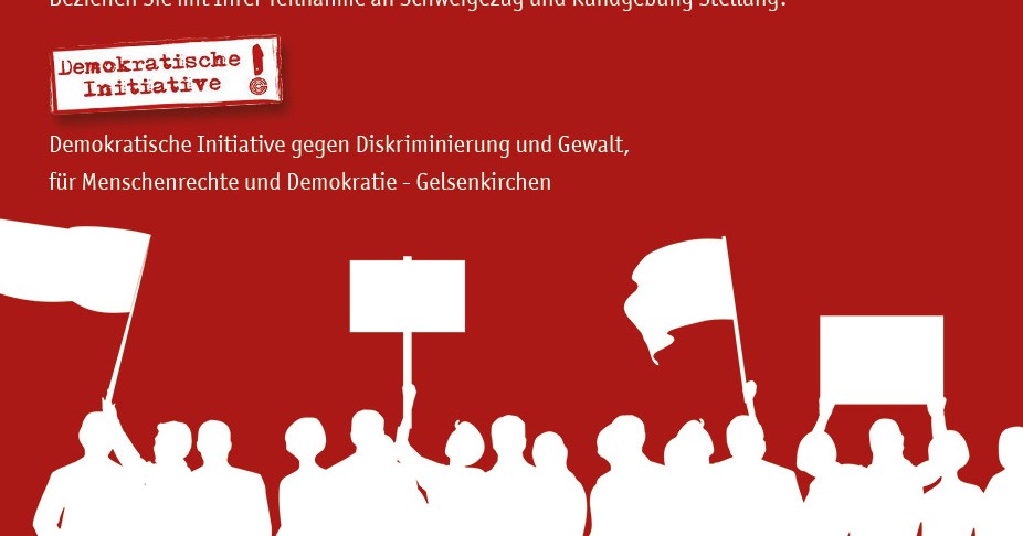 Die Demokratische Initiative ruft zum Schweigezug und Kundgebung in Gedenken an die Opfer der Novemberpogrome 1938 auf.
9.11.23|18:15 Treffpunkt am Schloss Horst (Vorburg)

Beziehen Sie mit Ihrer Teilnahme Stellung. #Gelsenkirchen