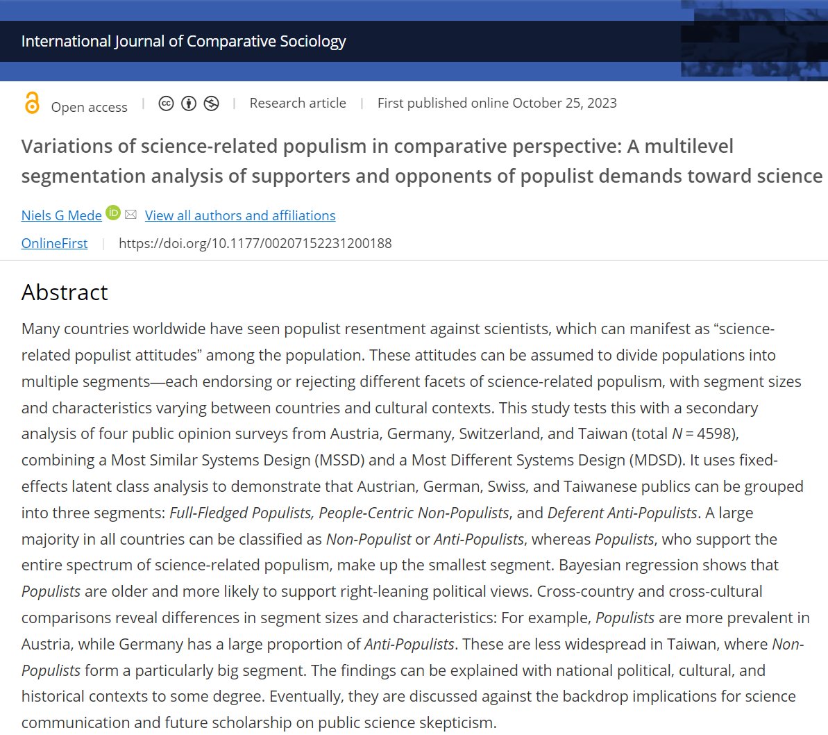 New paper! I tested how #populist attitudes to #science compare between #Austria, #Germany, #Switzerland, and #Taiwan 🌏
Based on surveys, I find three population segments, with non- and anti-populists being a big majority – but segment sizes and predictors differ across 🇦🇹🇩🇪🇨🇭🇹🇼