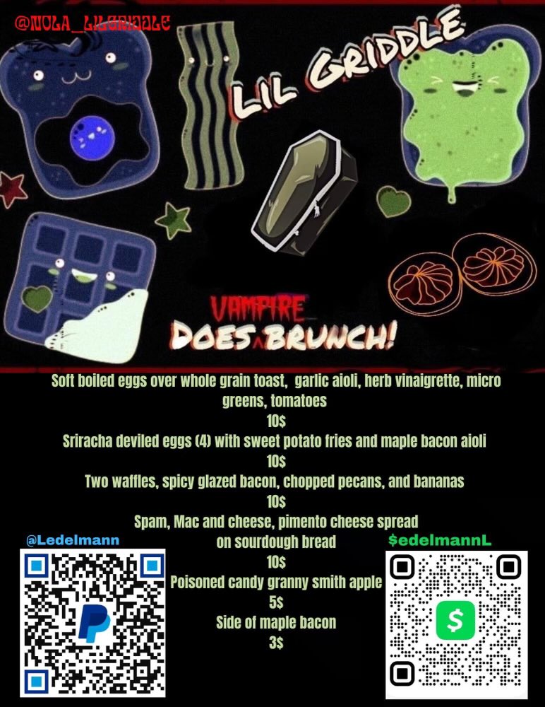 lil griddle does Vampire Brunch w/ Lil' Griddle Pop Up Kitchen tomorrow night! Check out their menu. Vampire flicks and Vampire Brunch Bar Redux