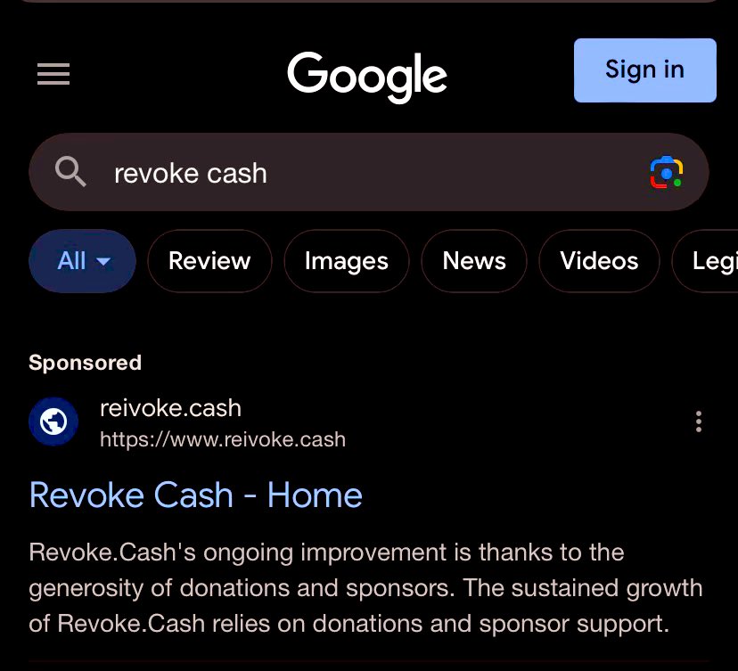 AlvieriD's tweet image. Curve Finance is being exploited via flash loans and hacked accounts are marketing fake Revoke Cash sites.

This is a sponsored Google “ad” for ReivokeCash @RevokeCash 
@malwrhunterteam 

@CurveFinance #CurveExploit 
@PeckShieldAlert @peckshield