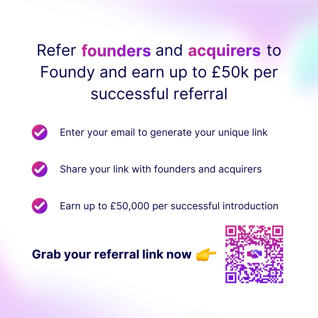 foundyglobal's tweet photo. Do you have anyone in your network who might be looking to sell their business or acquire a business? 

Save them time, energy and money by referring them to Foundy's end-to-end M&amp;A platform where they can acquire or be acquired in as little as 30 days. 

#referral #founders https://t.co/rqMVV44iTu