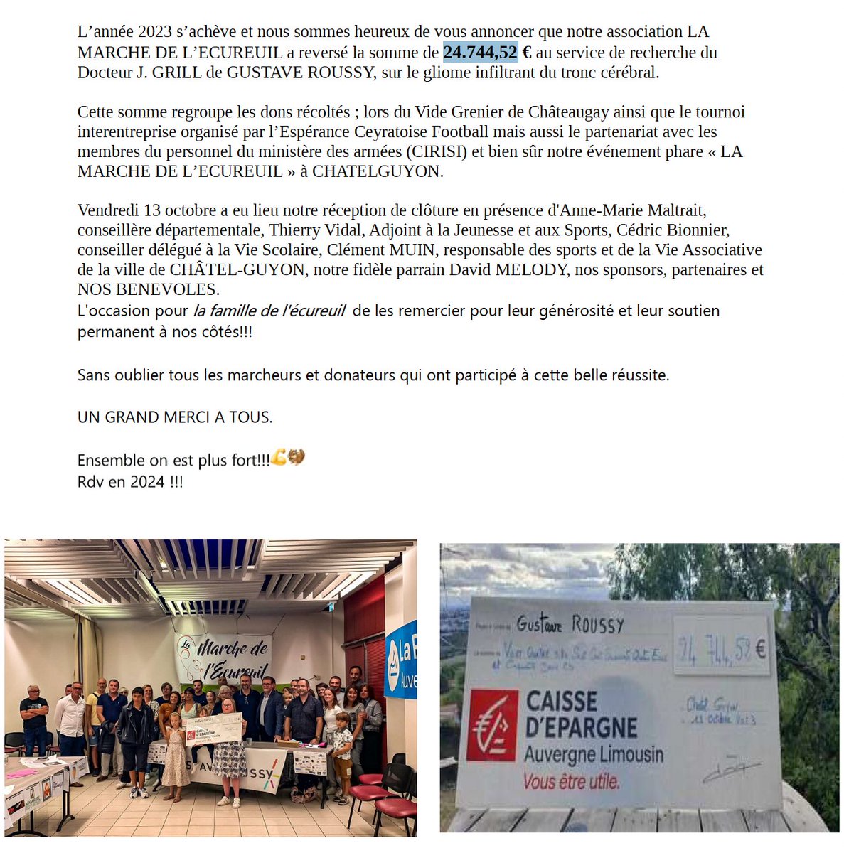 GOBT_Team's tweet photo. Bravo et MERCI à l'association "La Marche de l'Ecureuil" pour votre superbe mobilisation au profit de la recherche sur les #gliomesinfiltrants #GITC #DIPG.
Grâce à vous 24.744,52 € ont été reversés au service de recherche dirigé par le Dr J. Grill.
#EnsembleOnEstPlusFort https://t.co/93MGz4sdc4