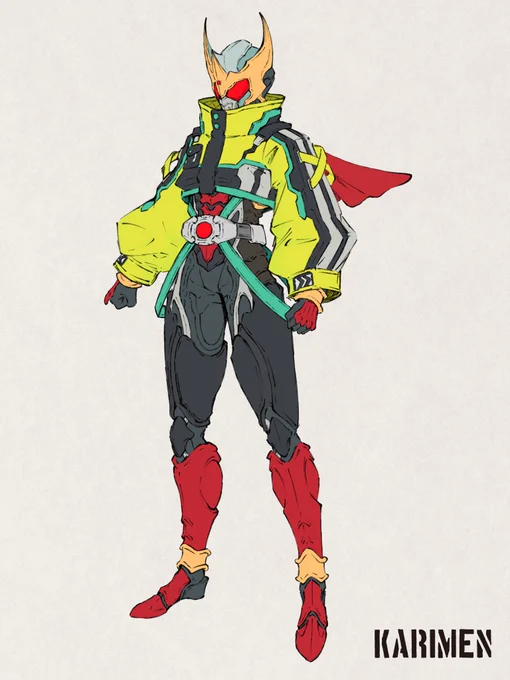 #オリジナルライダー 昨日描いた「1号×クウガ×ゼロワン」のフュージョンデザインをデジタルで調整したものです相変わらずベルトは適当ですが....()クウガの身体変化、ゼロワンの装着型をガワ着衣という形で落とし込みましたゼロワンのイメージをサイバーパンクな衣装にしました 