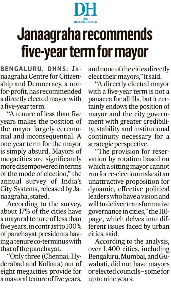 'A tenure of less than five years makes the position of the mayor largely ceremonial and inconsequential.'

The @DeccanHerald spotlights one of the 10 #instrumentsofchange recommended in #ASICS2023.

#citysystems #localgovernance #transformation #Janaagraha #ASICS