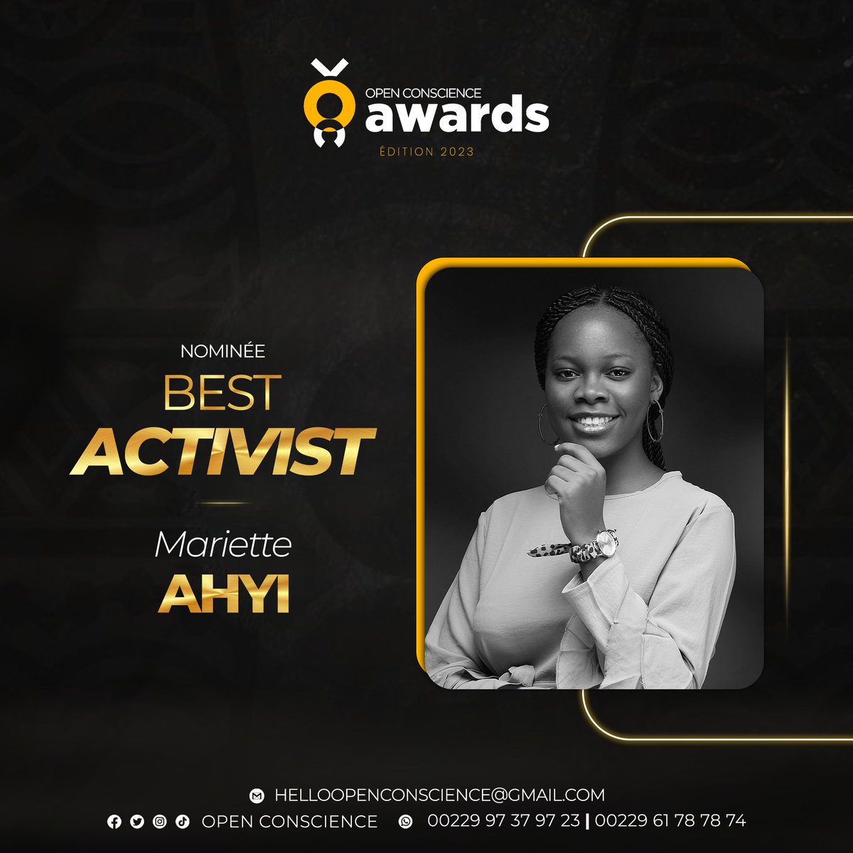 MarietteAhyi's tweet image. Nominée aux @Open_Conscience Awards dans la catégorie Best Activist 🎊💛