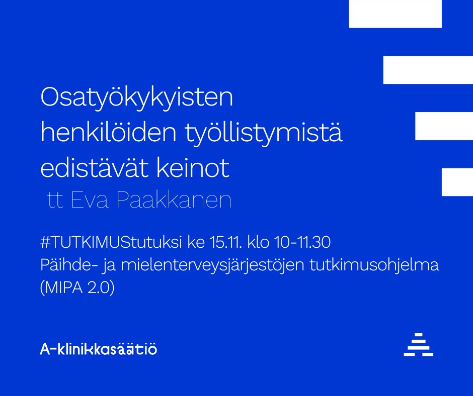 Millaiset toimenpiteet ovat vaikuttavia osatyökyisten työllistymisen edistämisessä? Tule kuulemaan aiheesta #TUTKIMUStutuksi -tapaamiseen 15.11 (Teams)! Tapaamiset ovat avoimia kaikille kiinnostuneille, järjestäjänä <a href="/MIPAverkosto/">MIPAverkosto</a>. Ilmoittautumiset: link.webropolsurveys.com/S/107A1BA27B53… .