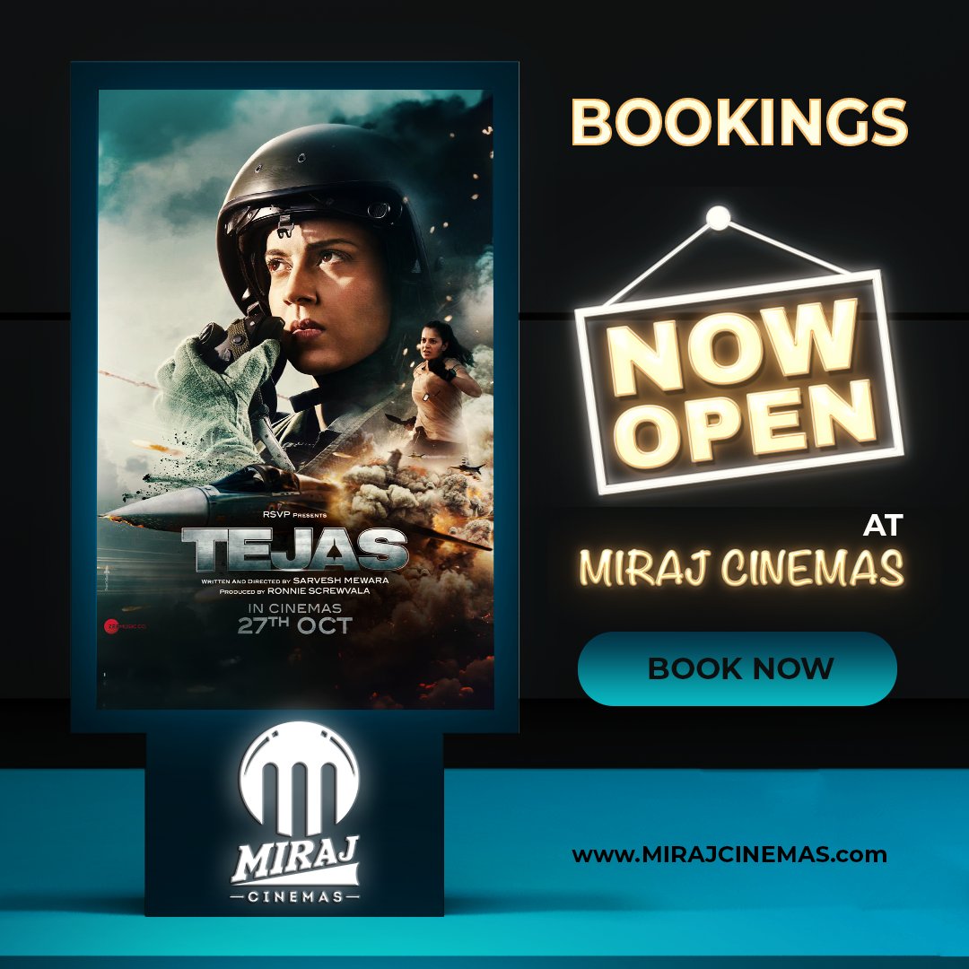 MirajCinemas's tweet photo. 🌟 Tejas Takes Flight at Miraj Cinemas! 🌟

The wait is over! Bookings for Kangana Ranaut's much-anticipated film, #Tejas, are NOW OPEN. Witness the sky-high journey of courage and pride on the big screen.

🎟️ Secure your seat for an unforgettable cinematic experience - https://t.co/sceWDszC85

#TejasAtMiraj #BookNow #MirajCinemasExperience