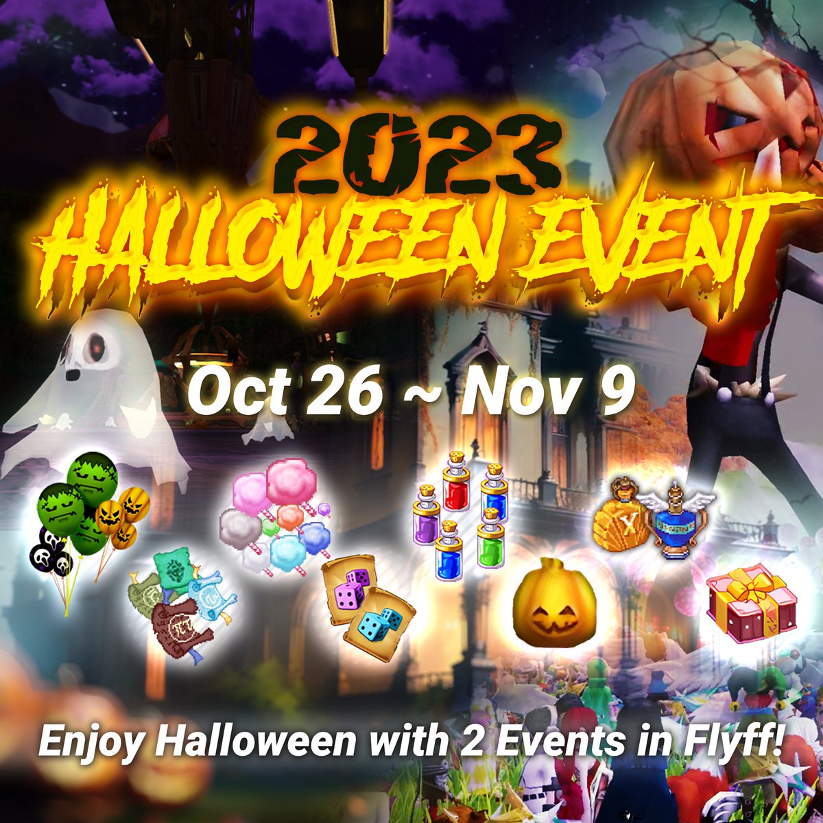 【ハロウィンイベントのご案内】
新たなワールドボスの登場など、ハロウィンシーズンの特別なイベントをお知らせします🎃
開始：10月26日 メンテナンス終了後
終了：11月9日 メンテナンス開始前まで

詳細はこちら⤵
universe.flyff.com/news/halloween…